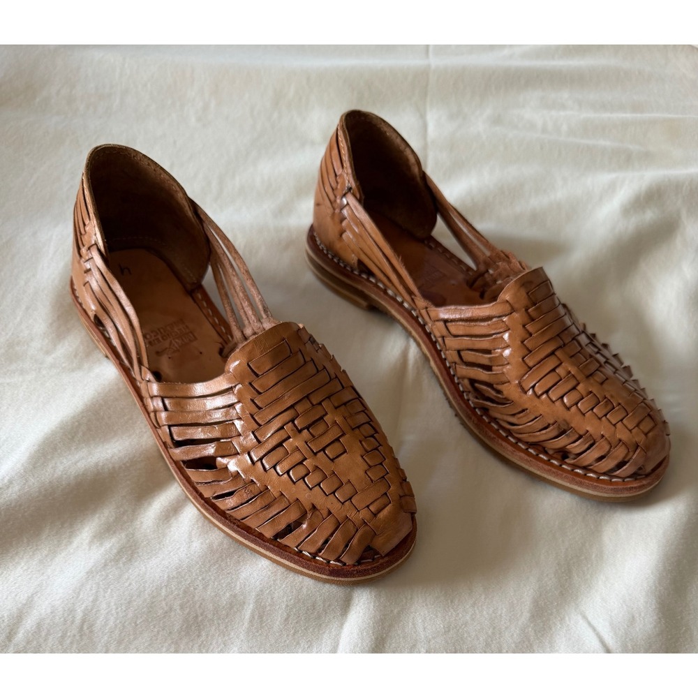 Handmade Mexican Leather Huarache Sandals Tan Woven Flat Slip On Shoes Women - Picture 6 of 7